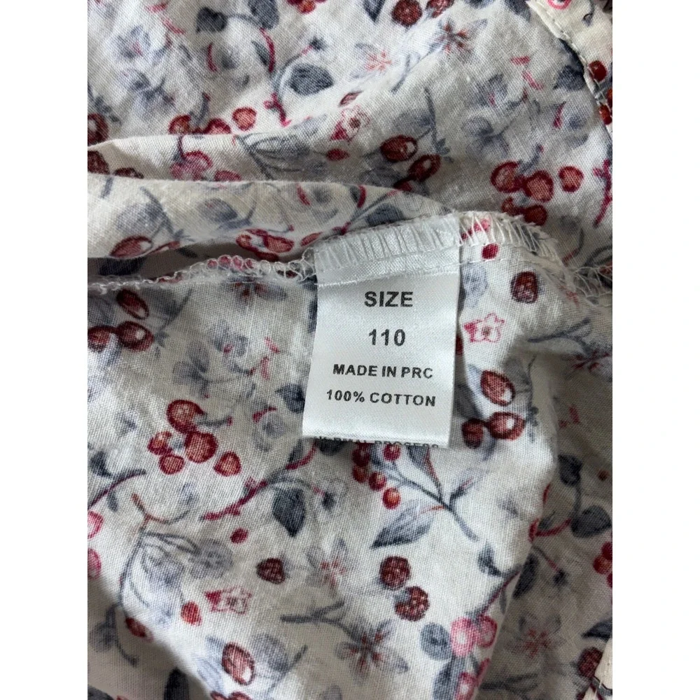 Girls Floral Berry Print Smocked Cotton Dress Peter Pan Collar Size 110 (5T)